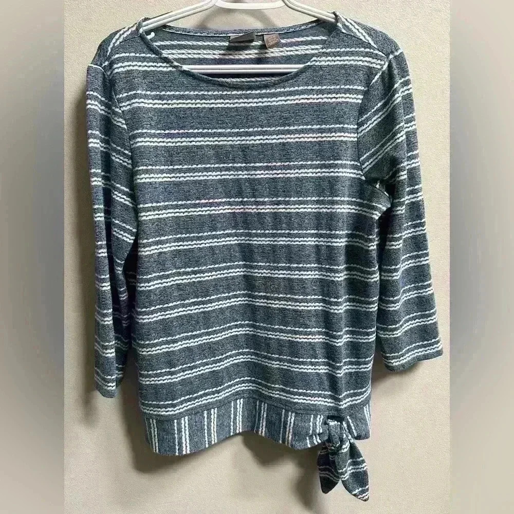 Chico’s 3/4‎ Sleeve Lightweight Blue Striped Sweater Waist Tie | Women’s 1/M/8